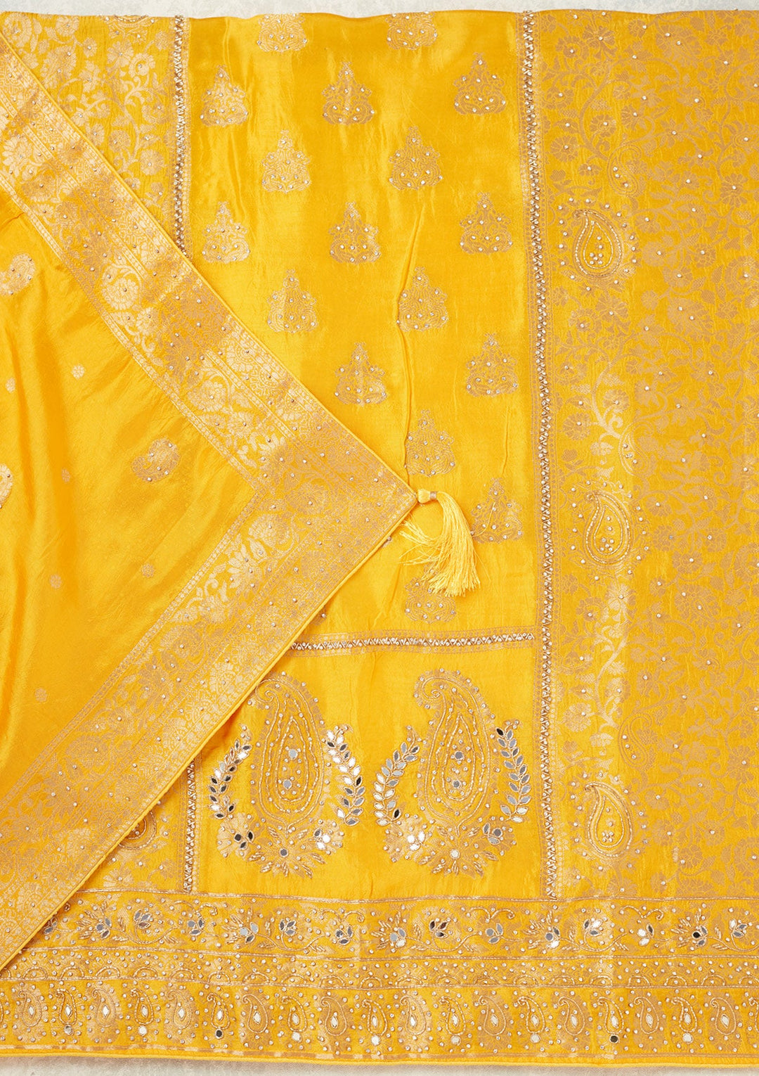 Yellow Stonework (Silver) Dola Silk Unstitched Salwar Suit