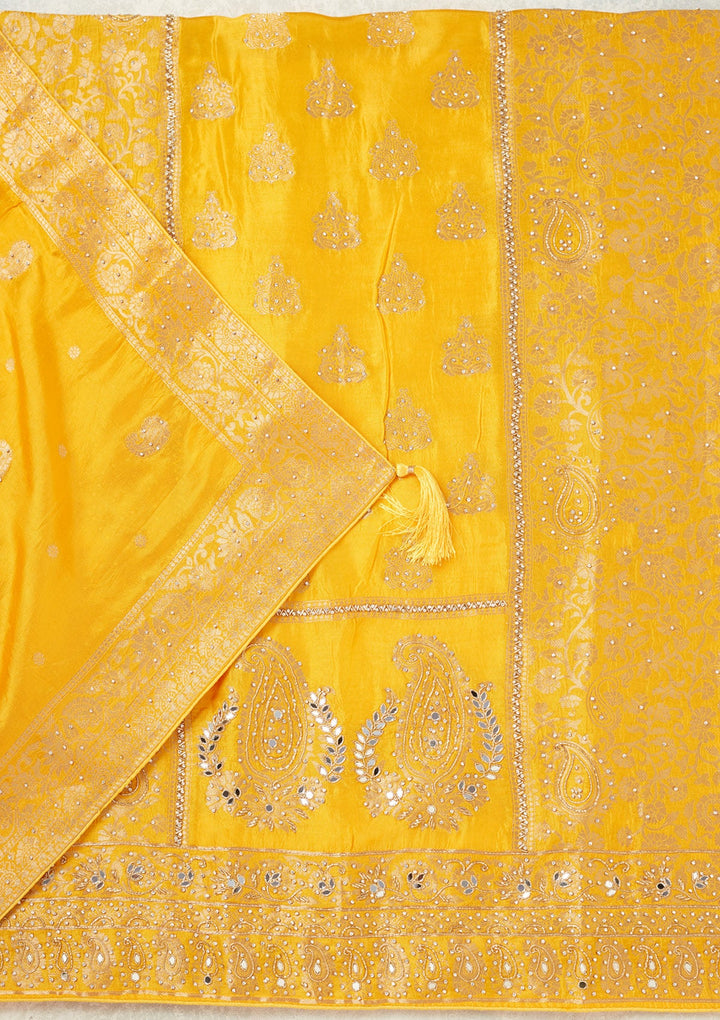 Yellow Stonework (Silver) Dola Silk Unstitched Salwar Suit