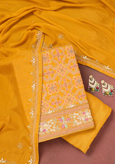 Mustard Stonework Georgette Unstitched Salwar Suit-Koskii
