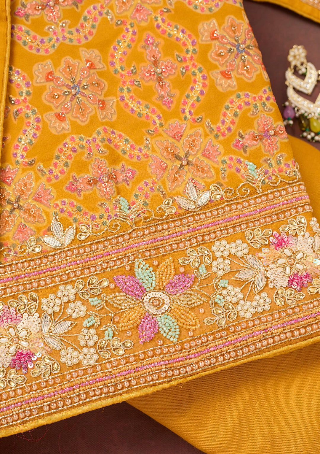 Mustard Stonework Georgette Unstitched Salwar Suit-Koskii