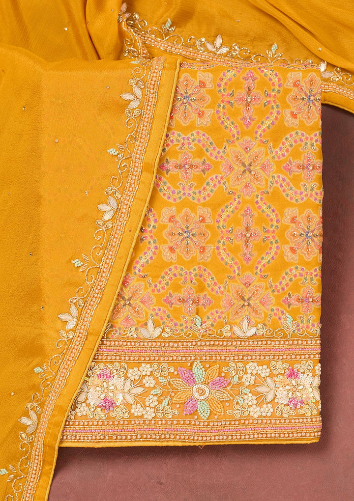 Mustard Stonework Georgette Unstitched Salwar Suit-Koskii