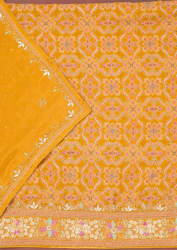 Mustard Stonework Georgette Unstitched Salwar Suit-Koskii