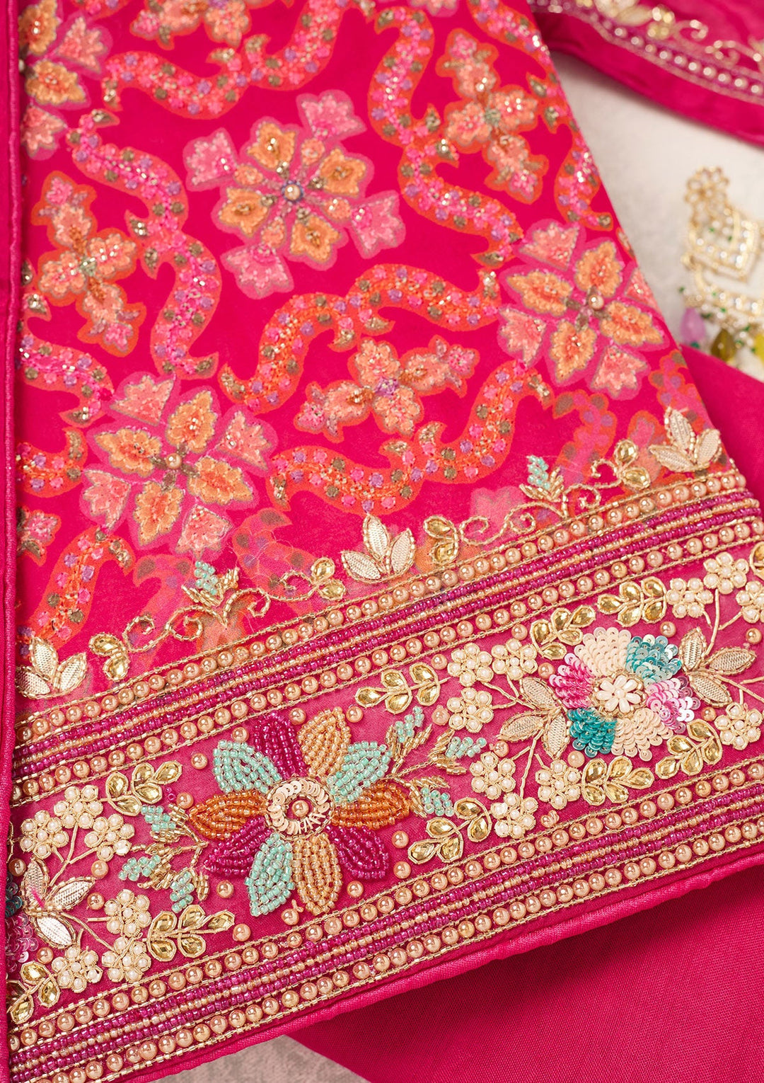 Rani Pink Stonework Georgette Unstitched Salwar Suit-Koskii