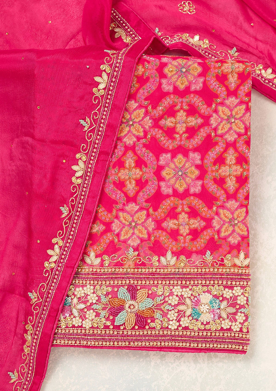 Rani Pink Stonework Georgette Unstitched Salwar Suit-Koskii