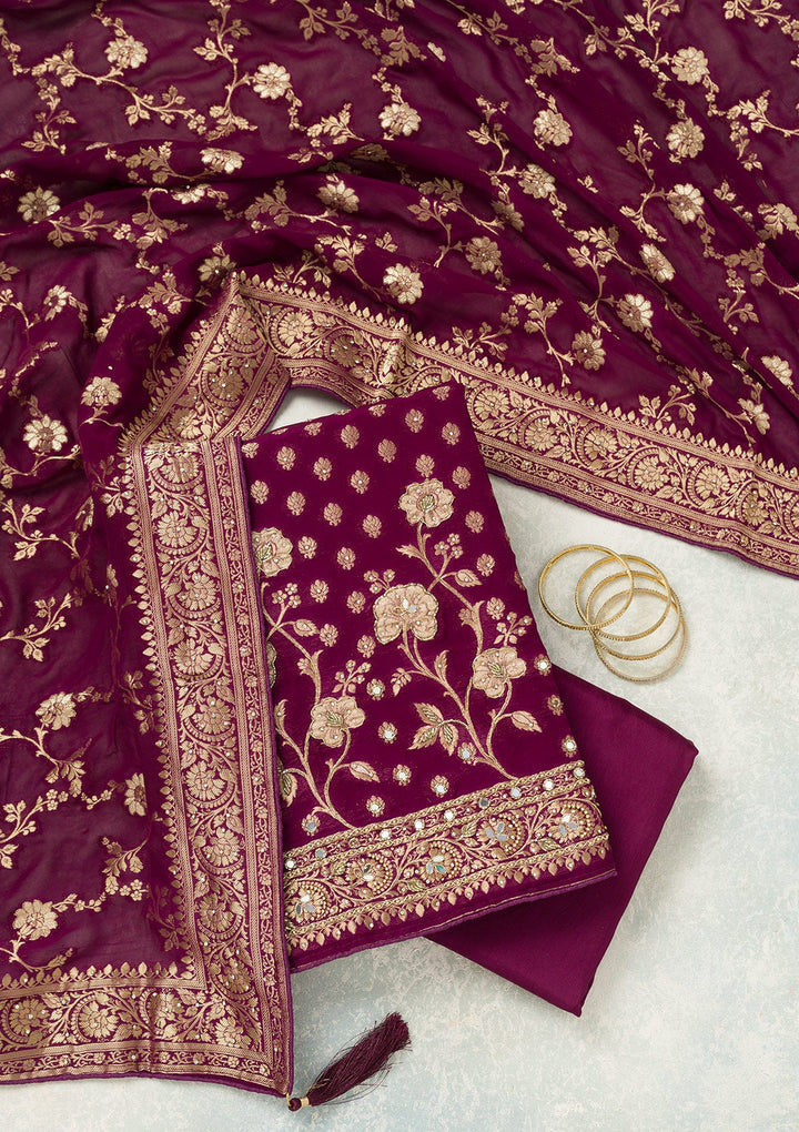 Purple Stonework (Gold) Dola Silk Unstitched Salwar Suit