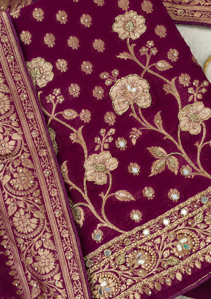 Purple Stonework (Gold) Dola Silk Unstitched Salwar Suit