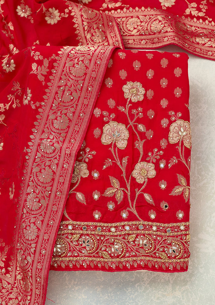 Rani Pink Stonework (Gold) Dola Silk Unstitched Salwar Suit