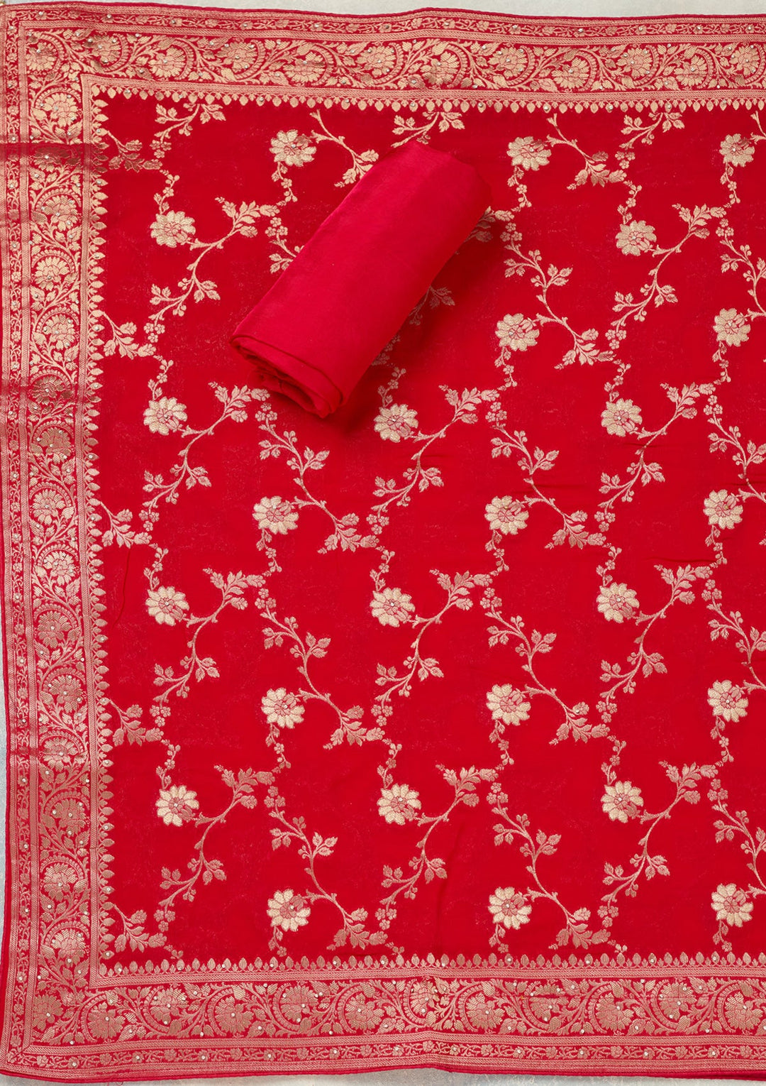 Rani Pink Stonework (Gold) Dola Silk Unstitched Salwar Suit