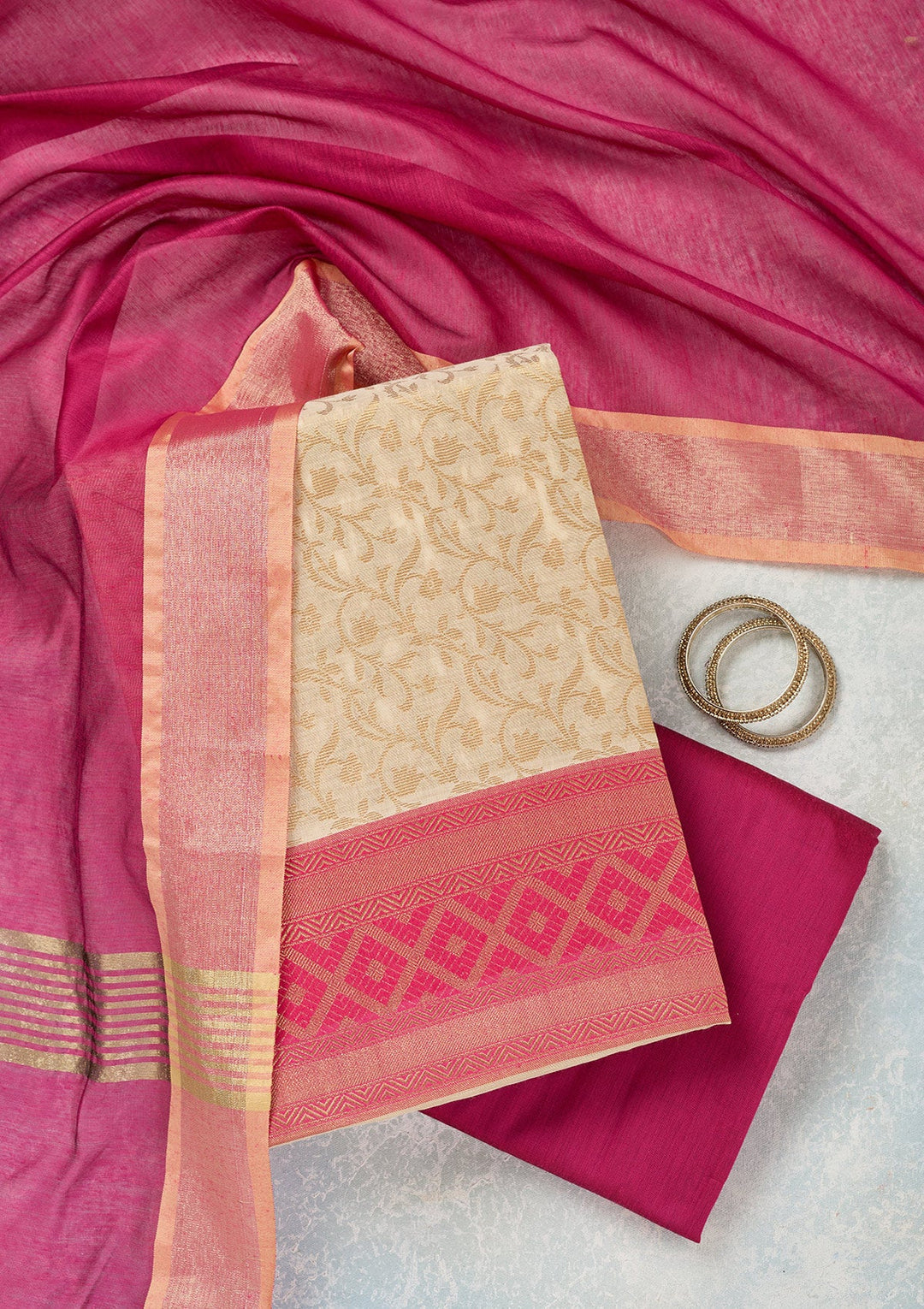 Cream Zariwork (Gold) Banarasi Unstitched Salwar Suit-Koskii
