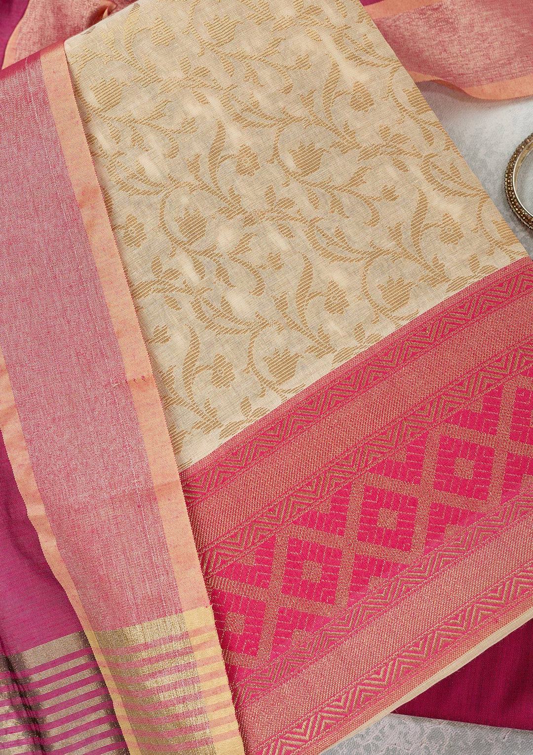 Cream Zariwork (Gold) Banarasi Unstitched Salwar Suit-Koskii