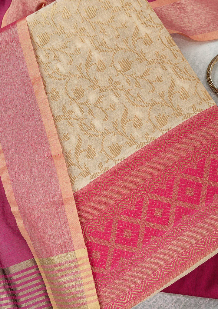 Cream Zariwork (Gold) Banarasi Unstitched Salwar Suit-Koskii