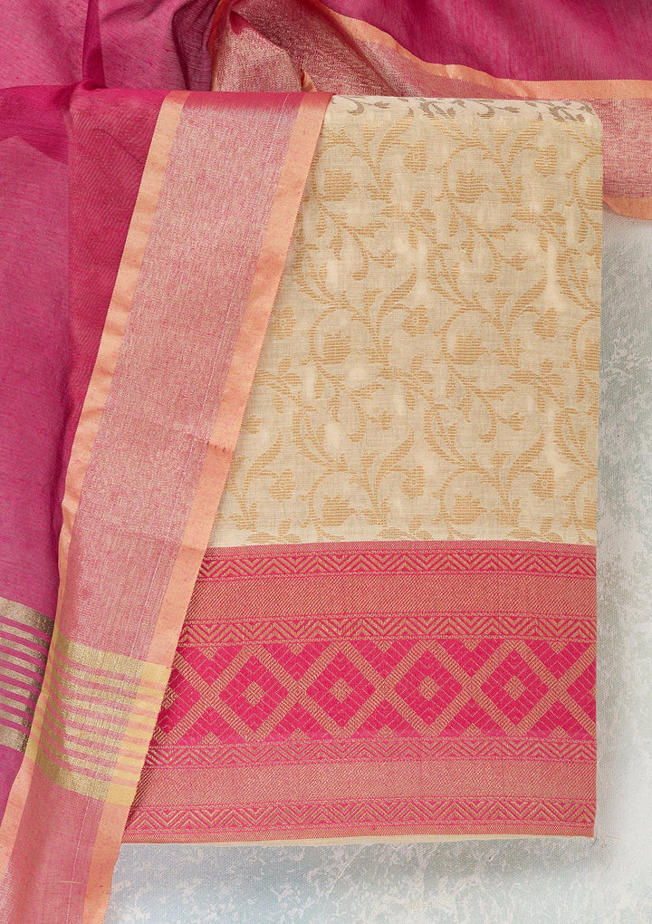 Cream Zariwork (Gold) Banarasi Unstitched Salwar Suit-Koskii