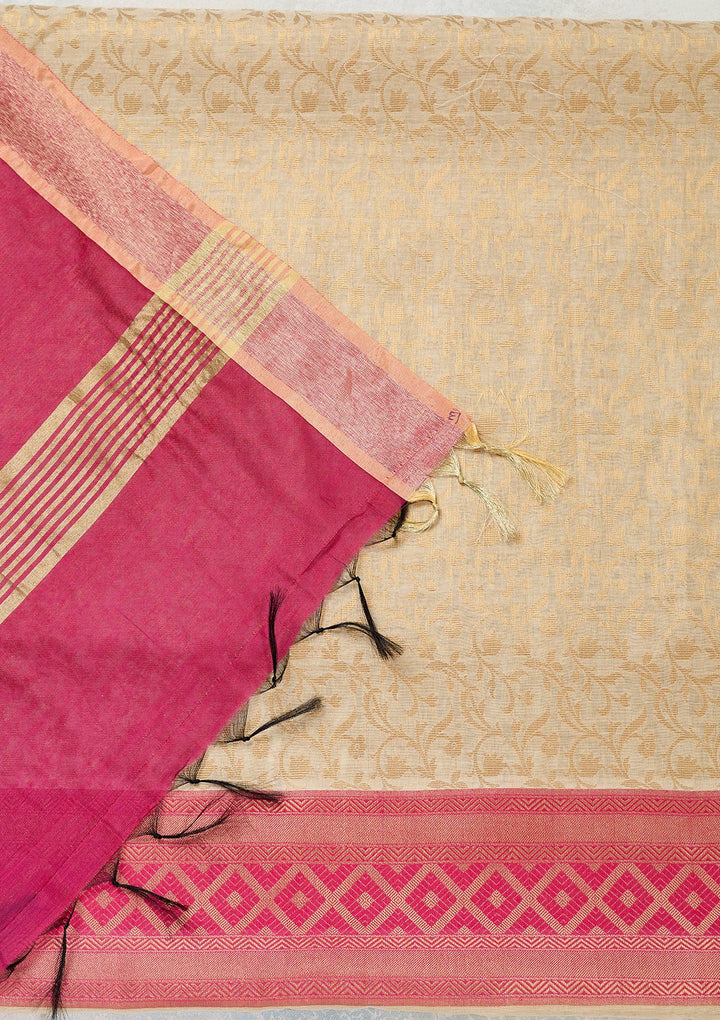 Cream Zariwork (Gold) Banarasi Unstitched Salwar Suit-Koskii
