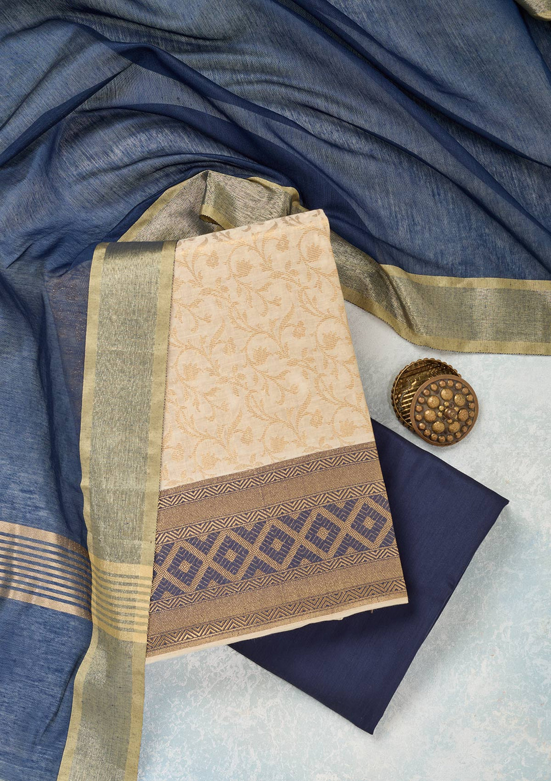 Cream Zariwork (Gold) Banarasi Unstitched Salwar Suit-Koskii