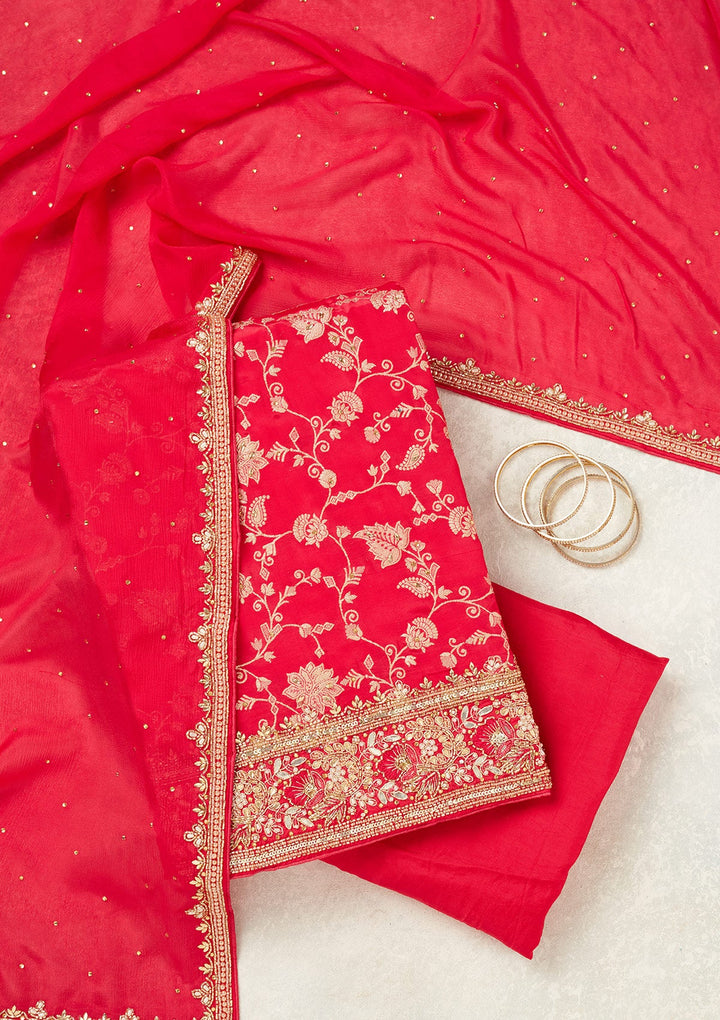 Magenta Pink Stonework (Gold) Dola Silk Unstitched Salwar Suit