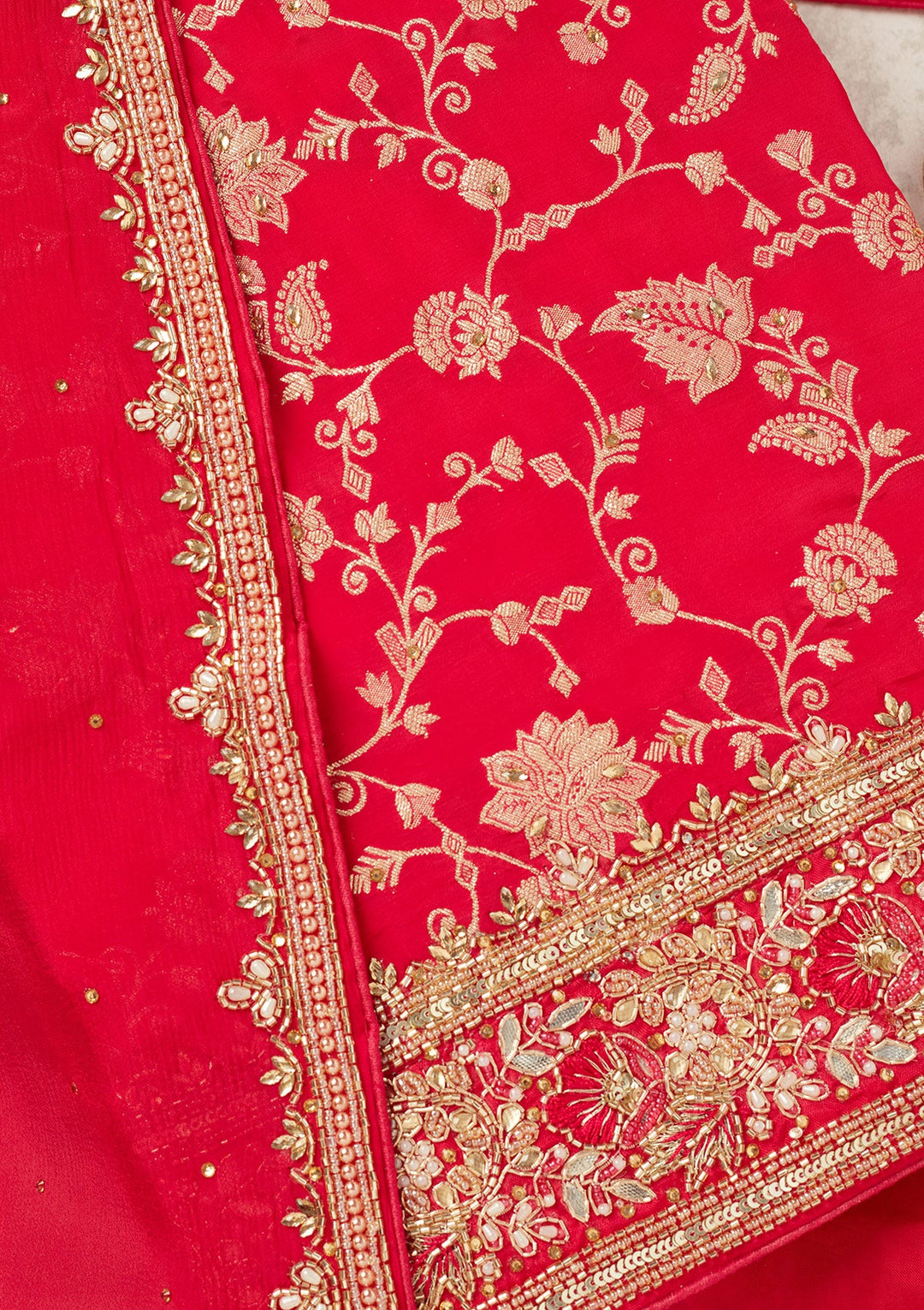 Magenta Pink Stonework (Gold) Dola Silk Unstitched Salwar Suit