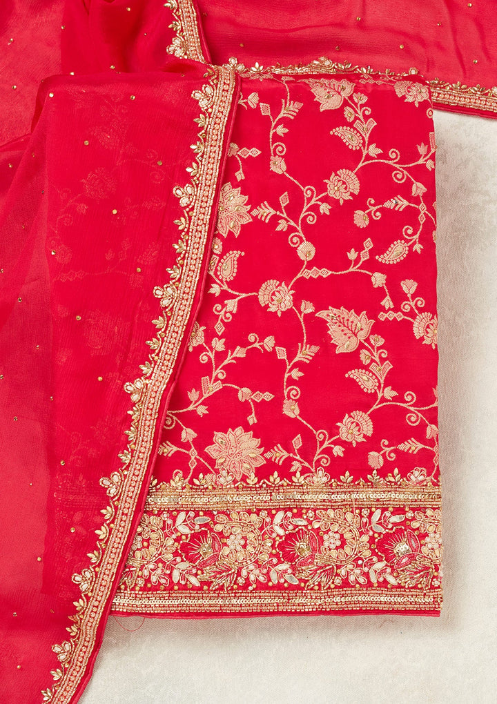 Magenta Pink Stonework (Gold) Dola Silk Unstitched Salwar Suit