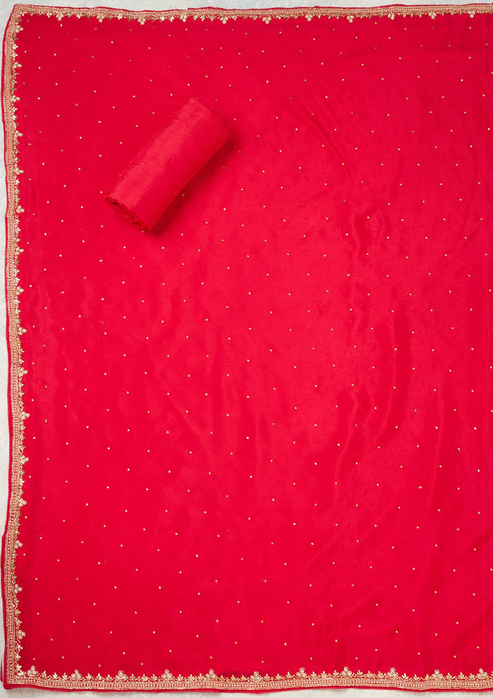 Magenta Pink Stonework (Gold) Dola Silk Unstitched Salwar Suit