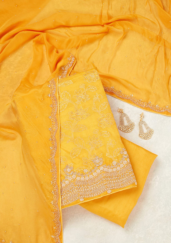 Yellow Pearlwork Dola Silk Unstitched Salwar Suit