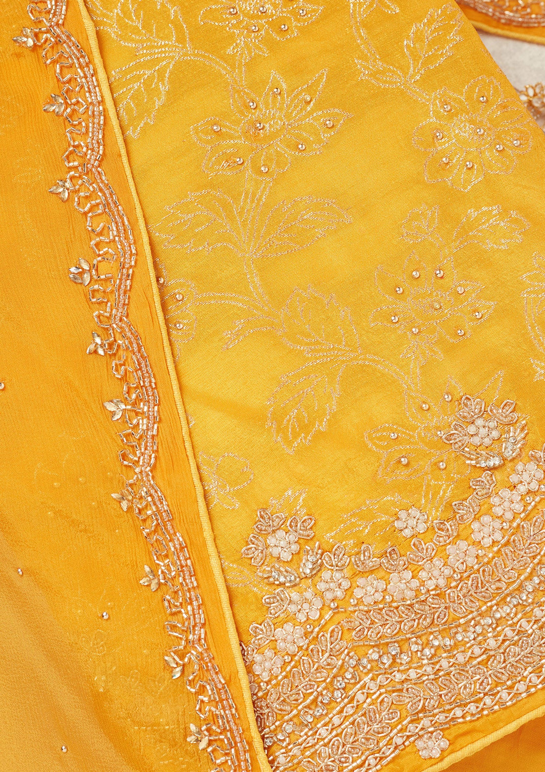 Yellow Pearlwork Dola Silk Unstitched Salwar Suit