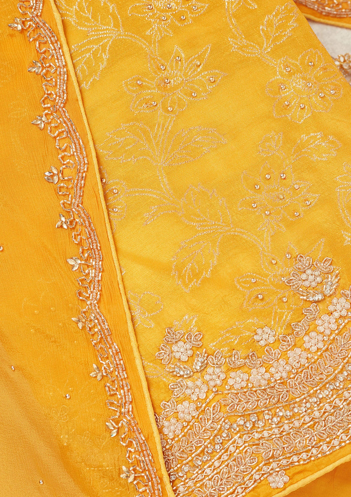 Yellow Pearlwork Dola Silk Unstitched Salwar Suit