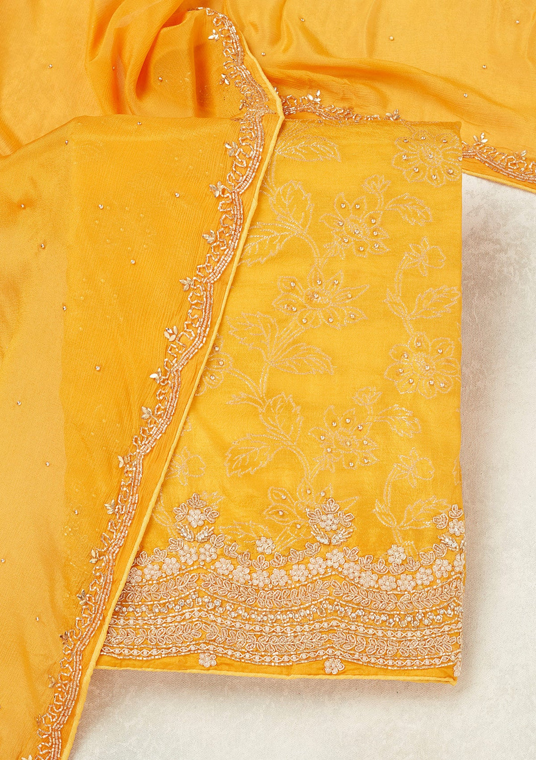 Yellow Pearlwork Dola Silk Unstitched Salwar Suit
