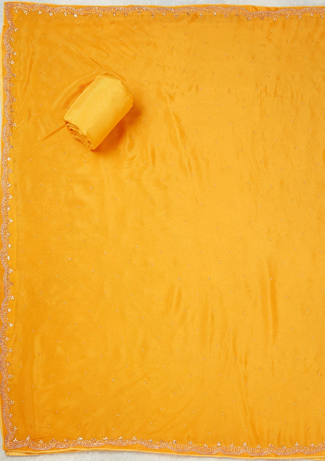 Yellow Pearlwork Dola Silk Unstitched Salwar Suit