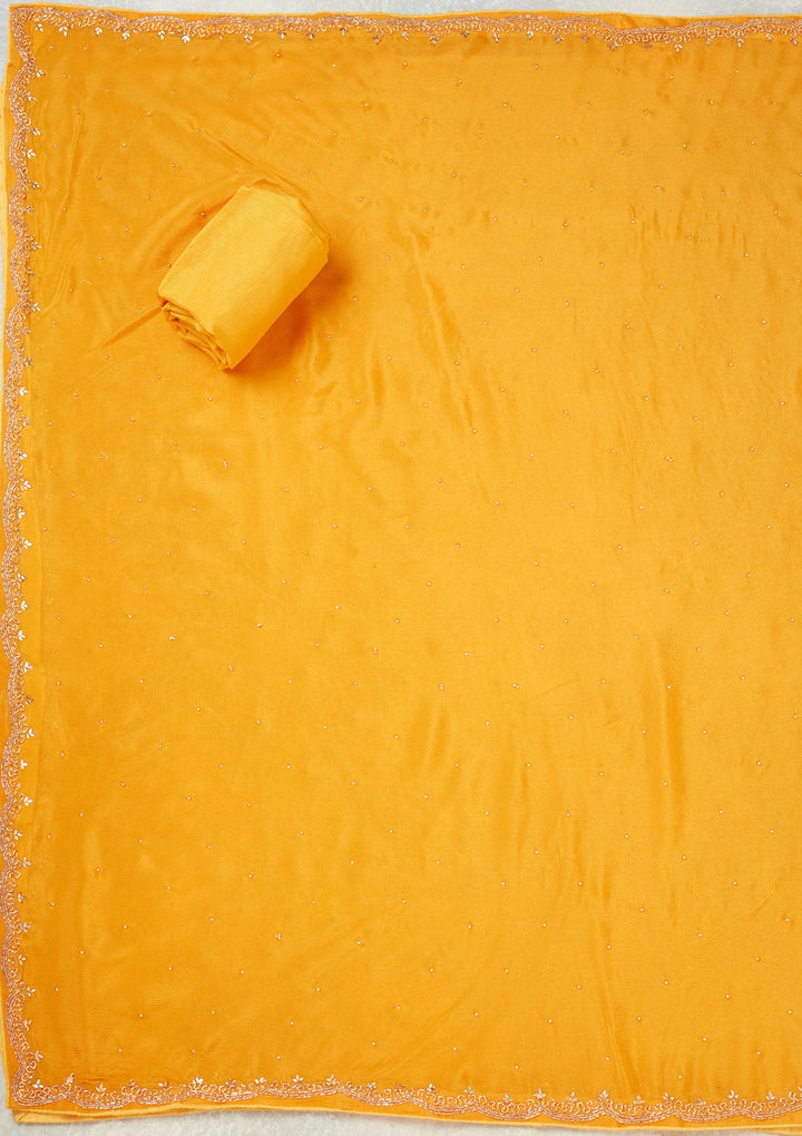 Yellow Pearlwork Dola Silk Unstitched Salwar Suit