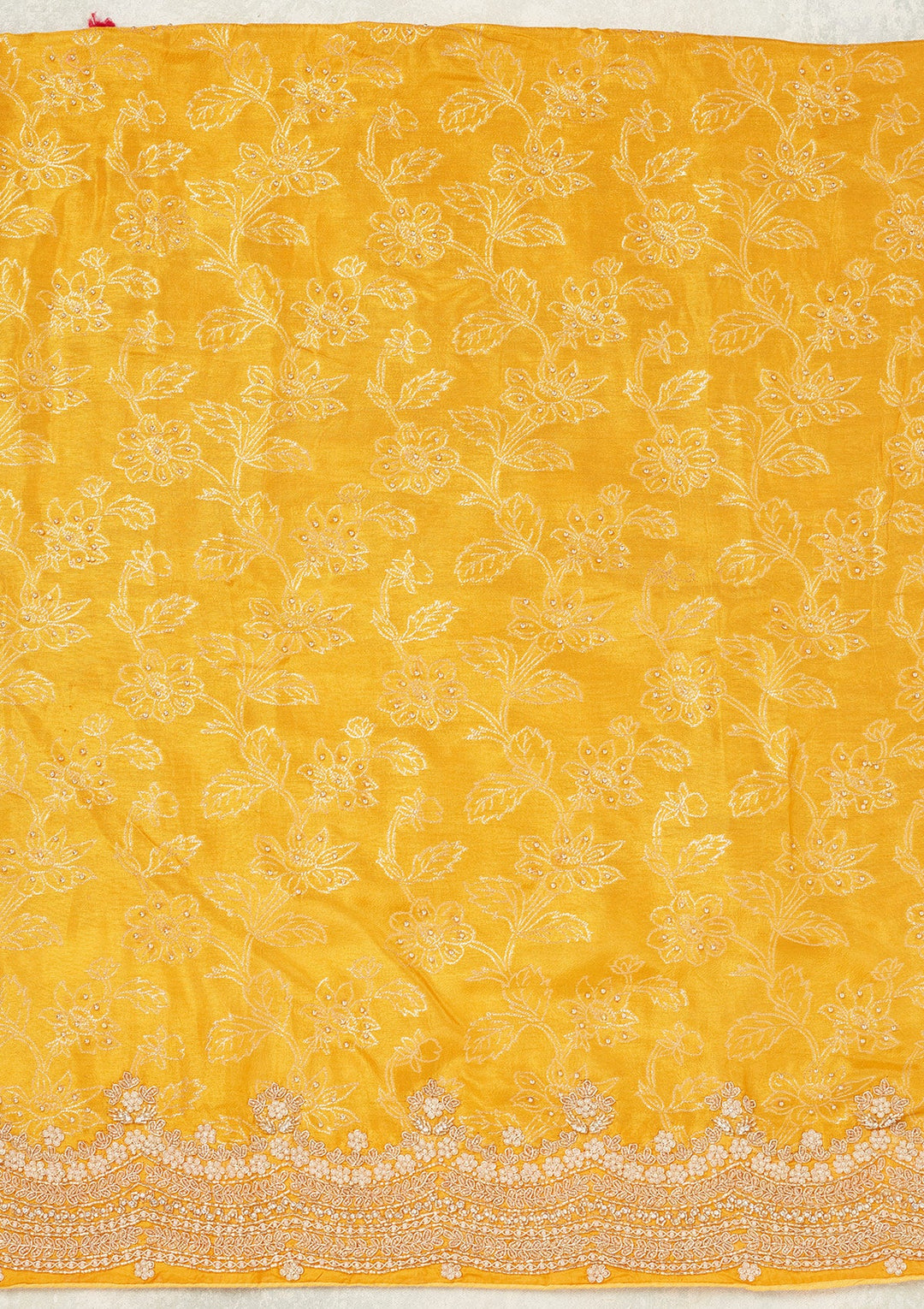 Yellow Pearlwork Dola Silk Unstitched Salwar Suit