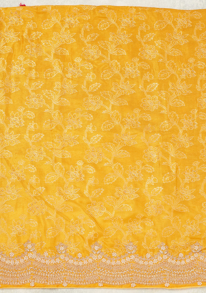 Yellow Pearlwork Dola Silk Unstitched Salwar Suit