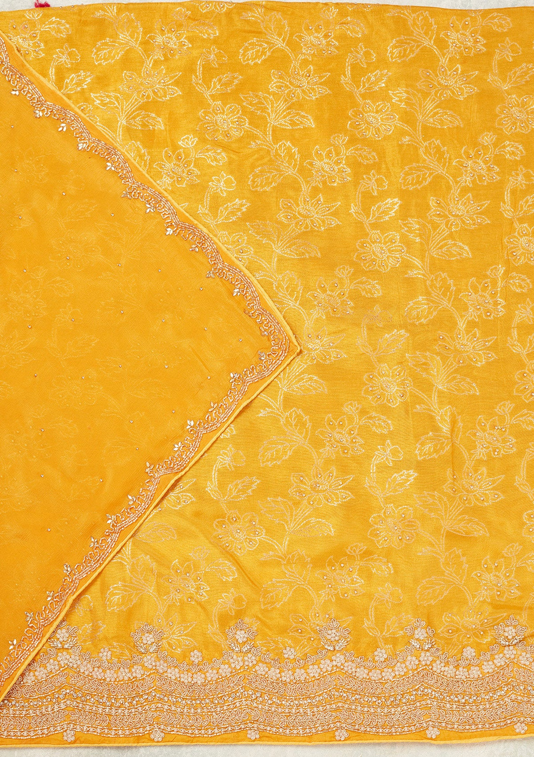 Yellow Pearlwork Dola Silk Unstitched Salwar Suit