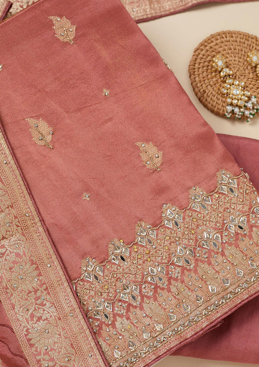Onion Pink Stonework Dola Silk Unstitched Salwar Suit-Koskii