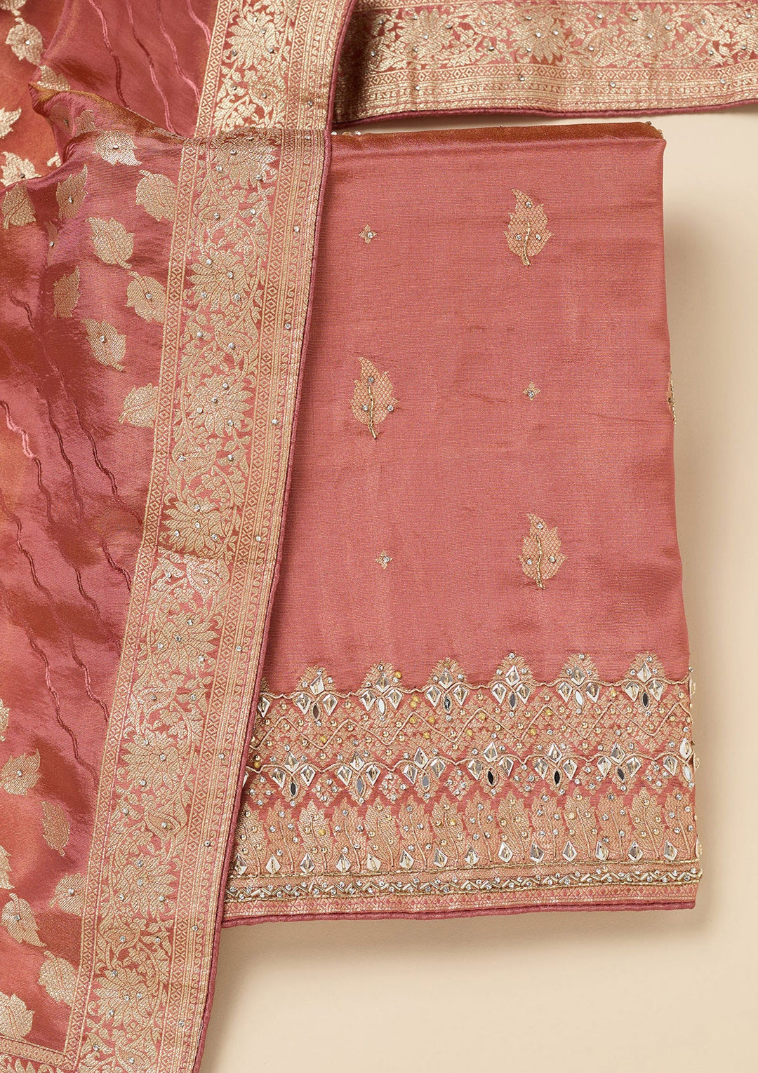 Onion Pink Stonework Dola Silk Unstitched Salwar Suit-Koskii