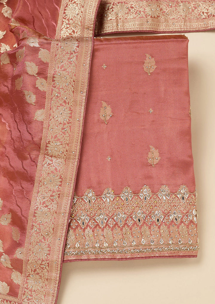 Onion Pink Stonework Dola Silk Unstitched Salwar Suit-Koskii