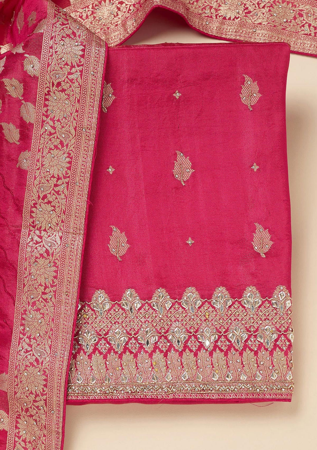 Pink Stonework Dola Silk Unstitched Salwar Suit-Koskii