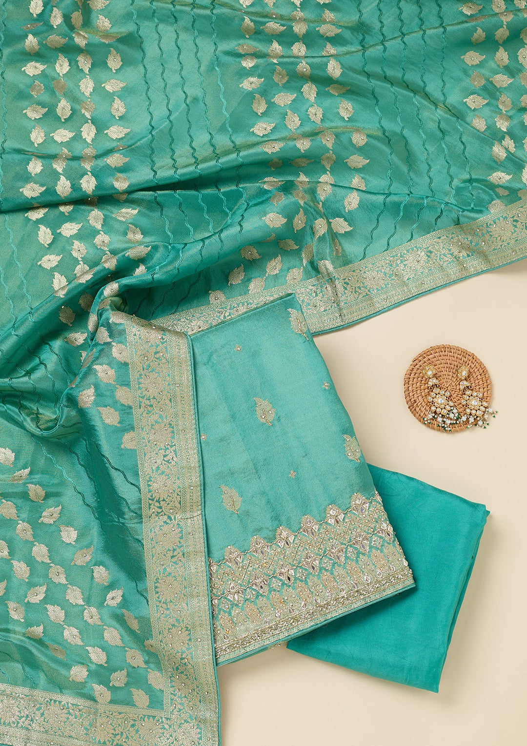 Sea Green Stonework Dola Silk Unstitched Salwar Suit-Koskii