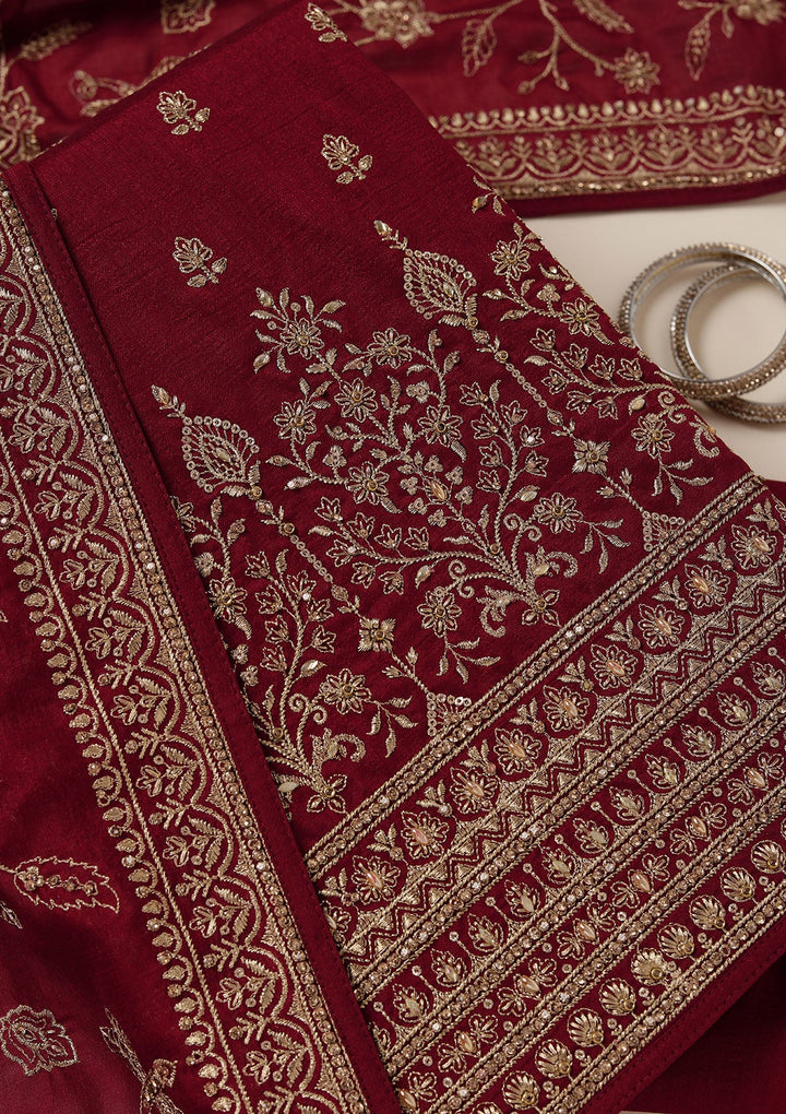Maroon Zariwork (Gold) Soft Raw Silk Unstitched Salwar Suit_koskii