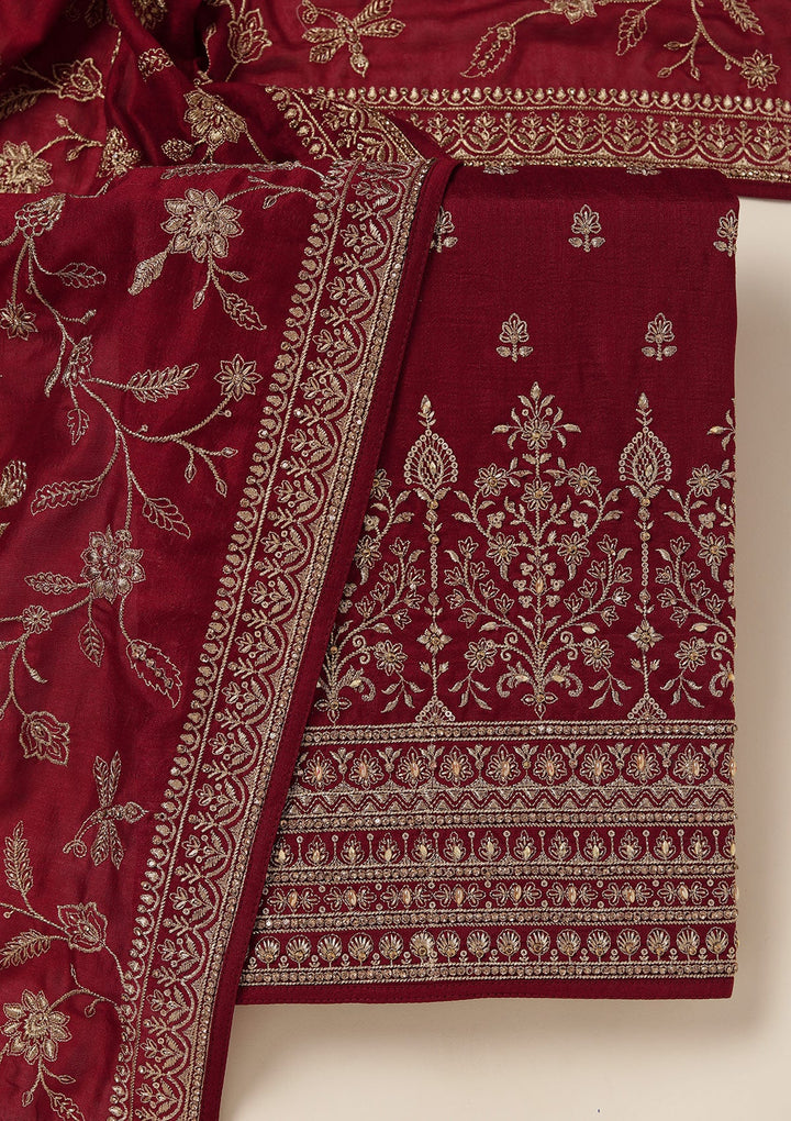 Maroon Zariwork (Gold) Soft Raw Silk Unstitched Salwar Suit_koskii