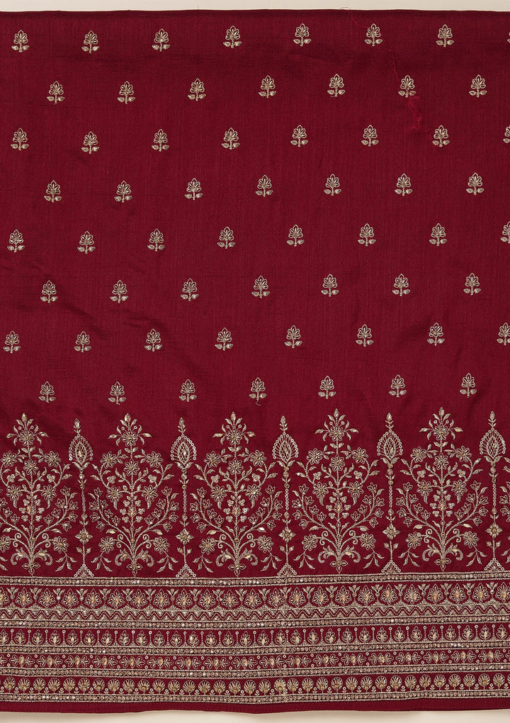 Maroon Zariwork (Gold) Soft Raw Silk Unstitched Salwar Suit_koskii