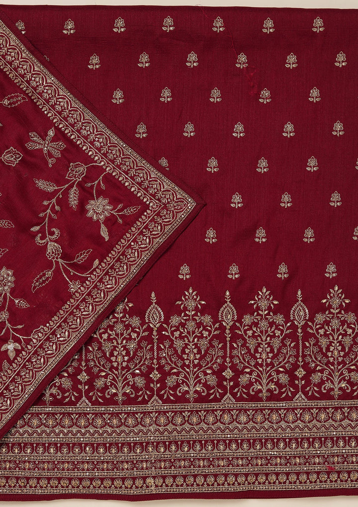 Maroon Zariwork (Gold) Soft Raw Silk Unstitched Salwar Suit_koskii
