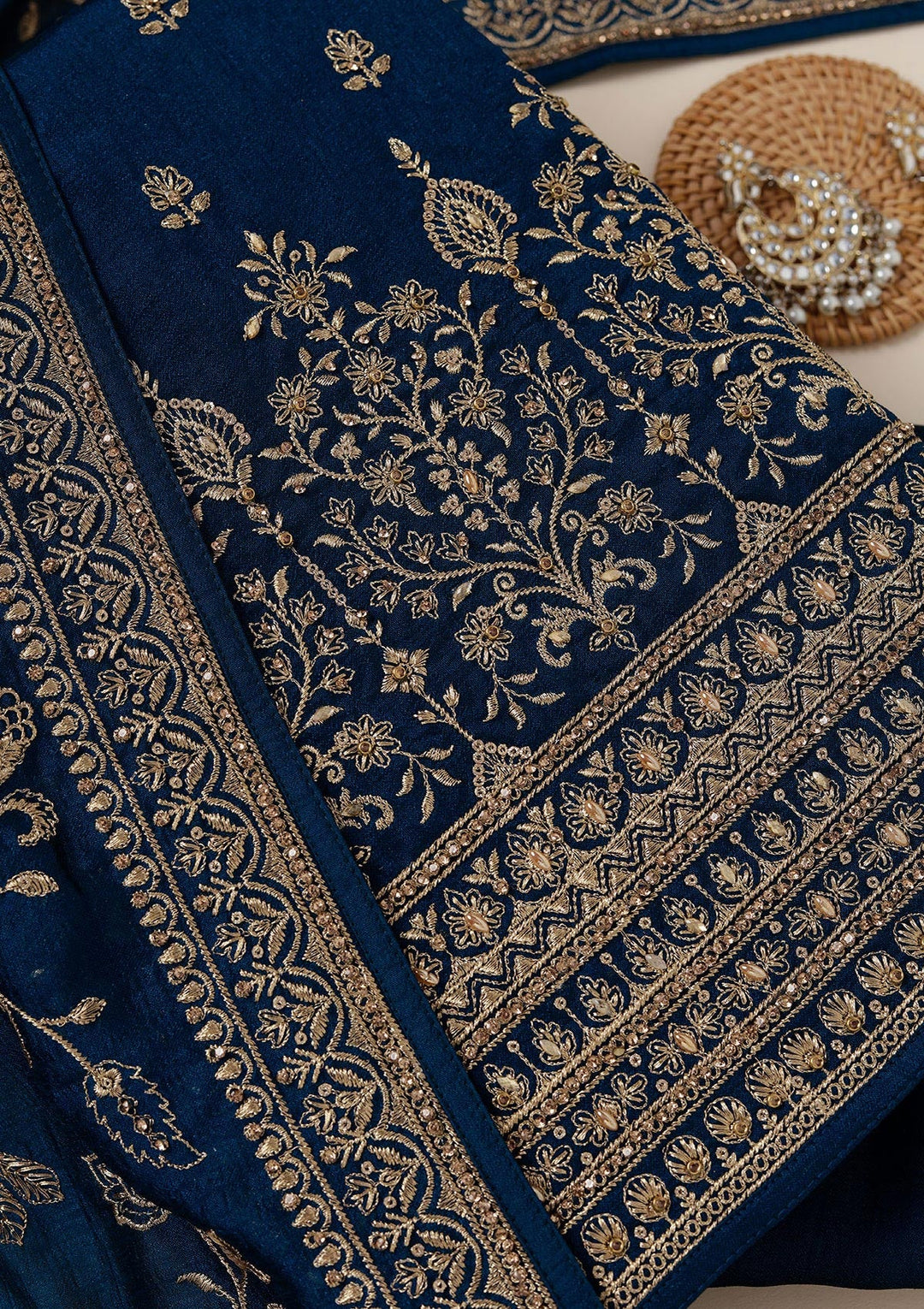 Peacock Blue Zariwork (Gold) Soft Raw Silk Unstitched Salwar Suit_koskii