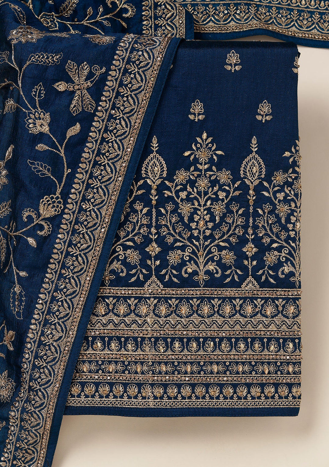 Peacock Blue Zariwork (Gold) Soft Raw Silk Unstitched Salwar Suit_koskii