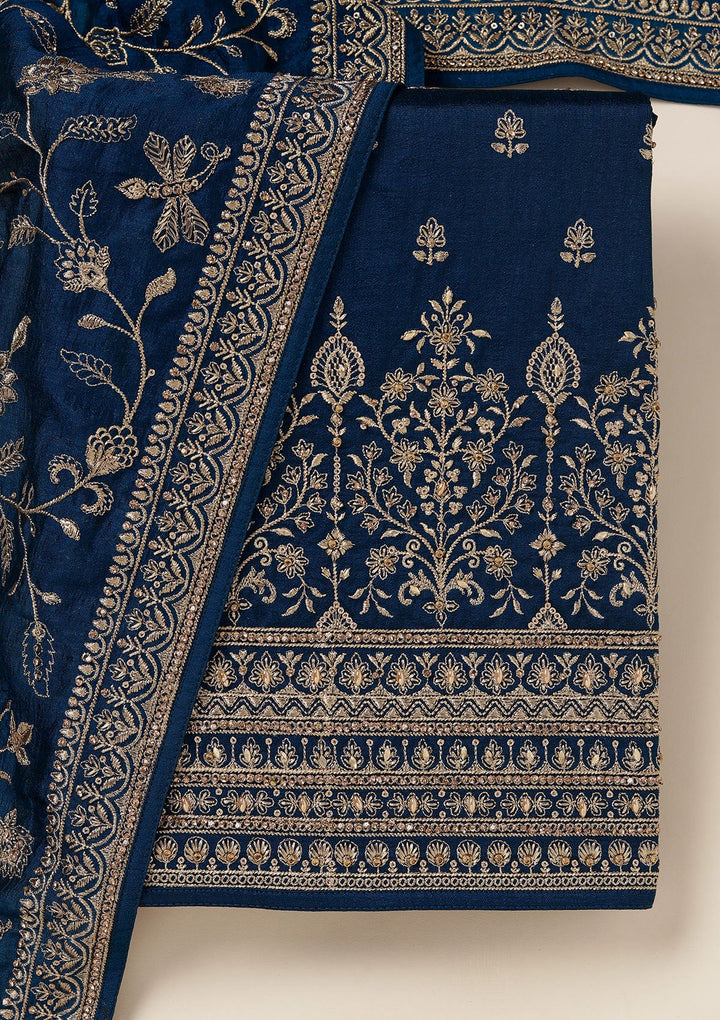 Peacock Blue Zariwork (Gold) Soft Raw Silk Unstitched Salwar Suit_koskii