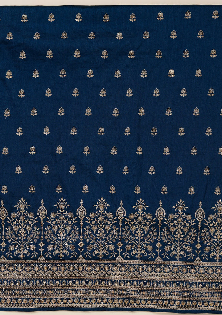 Peacock Blue Zariwork (Gold) Soft Raw Silk Unstitched Salwar Suit_koskii