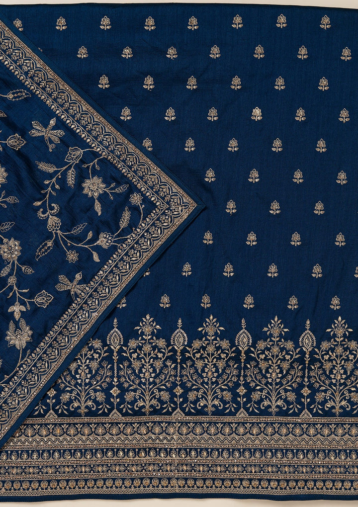 Peacock Blue Zariwork (Gold) Soft Raw Silk Unstitched Salwar Suit_koskii