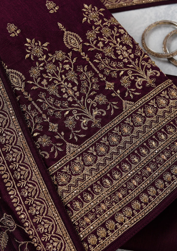 Wine Zariwork (Gold) Soft Raw Silk Unstitched Salwar Suit_koskii