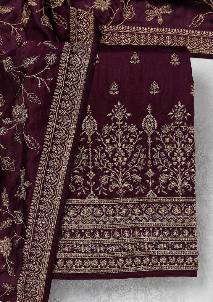 Wine Zariwork (Gold) Soft Raw Silk Unstitched Salwar Suit_koskii