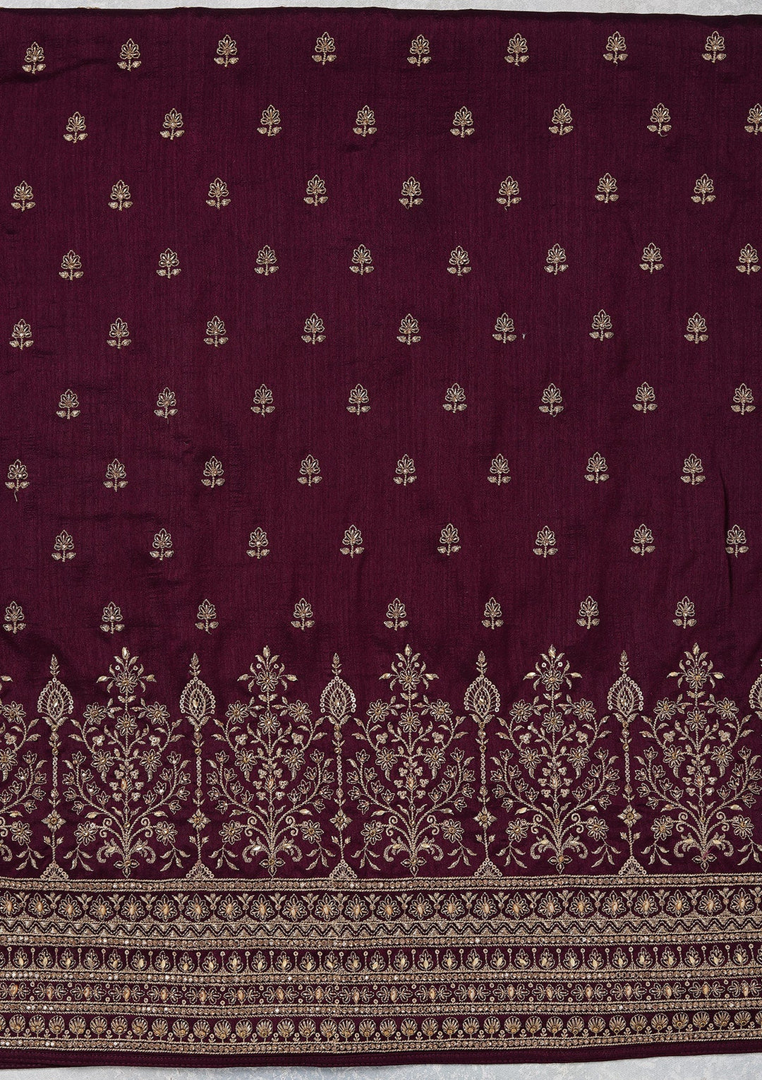Wine Zariwork (Gold) Soft Raw Silk Unstitched Salwar Suit_koskii