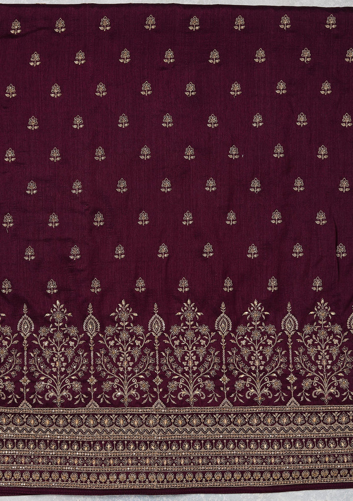 Wine Zariwork (Gold) Soft Raw Silk Unstitched Salwar Suit_koskii