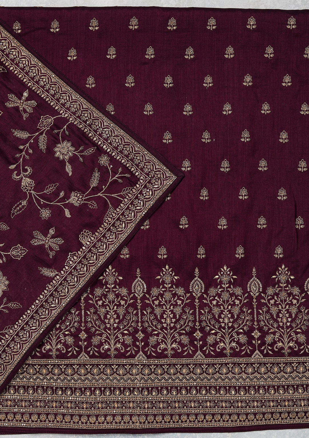 Wine Zariwork (Gold) Soft Raw Silk Unstitched Salwar Suit_koskii